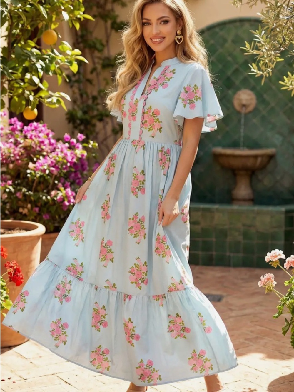 V Neck Light Blue Floral Maxi Dress with Flutter Short Sleeves | Size S-M-L